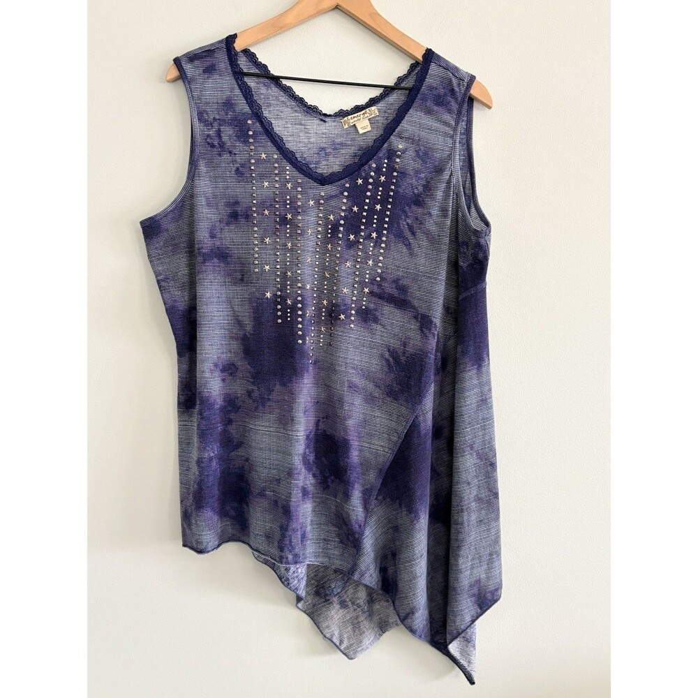 Energe World Wear Tank Top Purple Studded Asymetrical Blouse Size XL Stretch